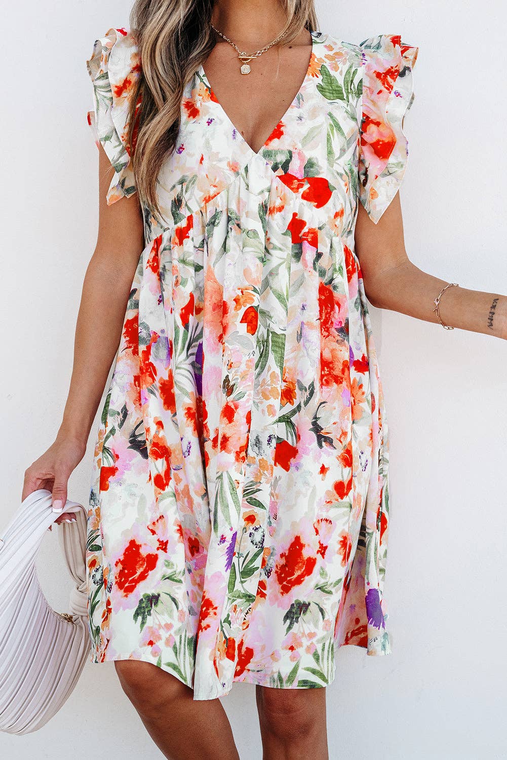 Floral Double Ruffle Sleeve V-Neck Mini Dress