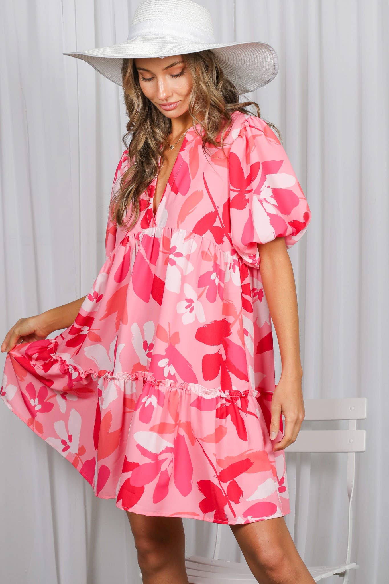 Floral Print V-Neck Tired Baby Doll Mini Dress VD82057M