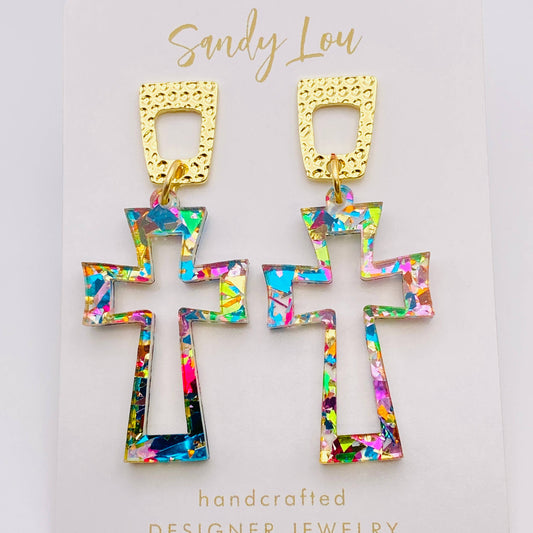 CRUCIFIX CHUNKY GLITTER CROSS ACRYLIC EARRINGS