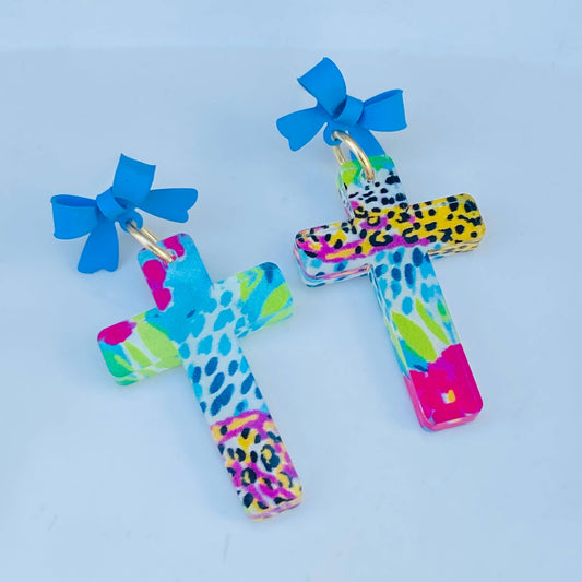 Preppy Leopard Bow Cross Earrings