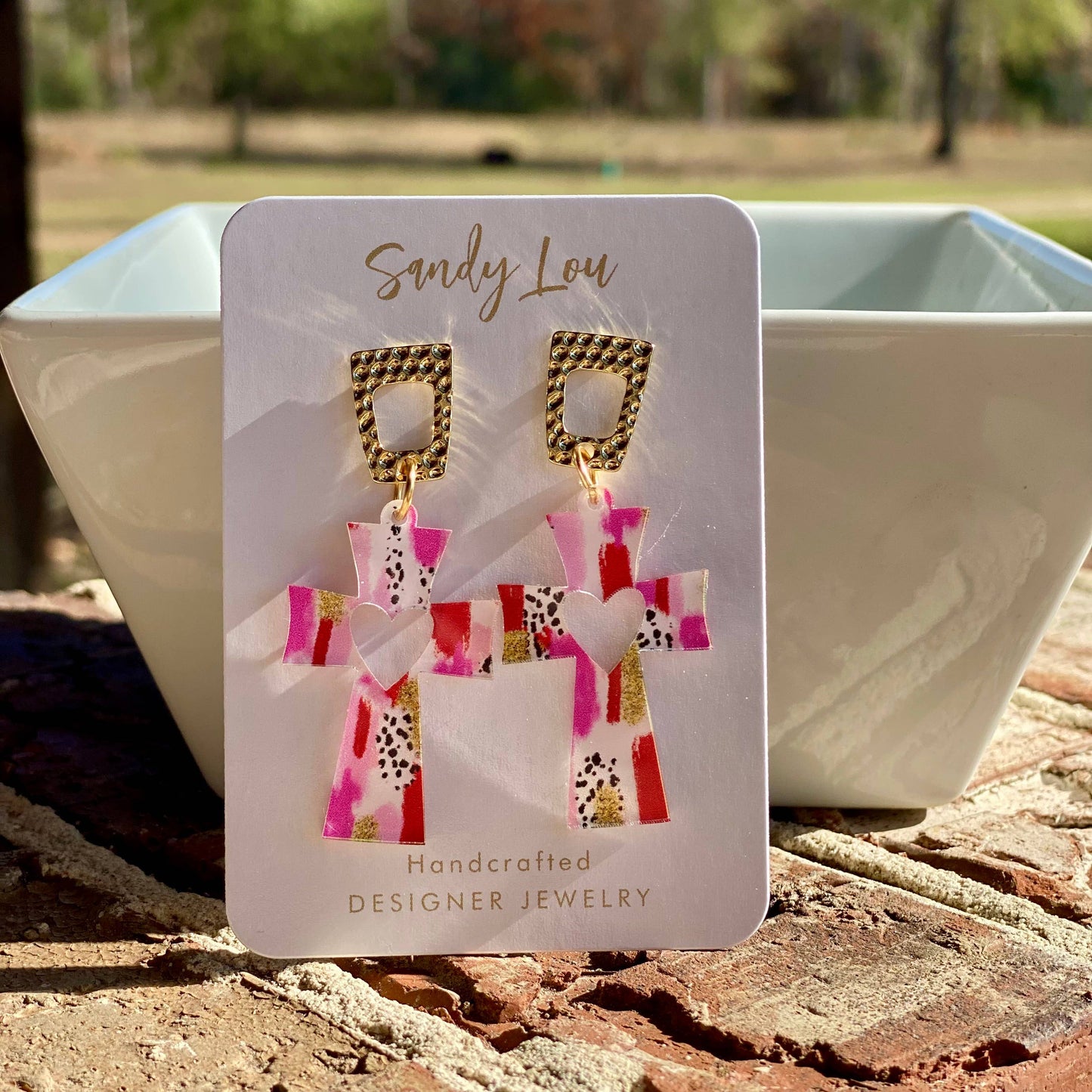 Crucifix Valentine Cross Acrylic Earrings- Dalmatian