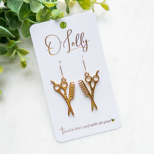 Gold Stylist Scissors & Comb Dangle Earrings