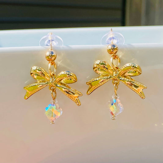 Gold Bow Crystal Drop Earrings – 18K Gold Plated Holiday