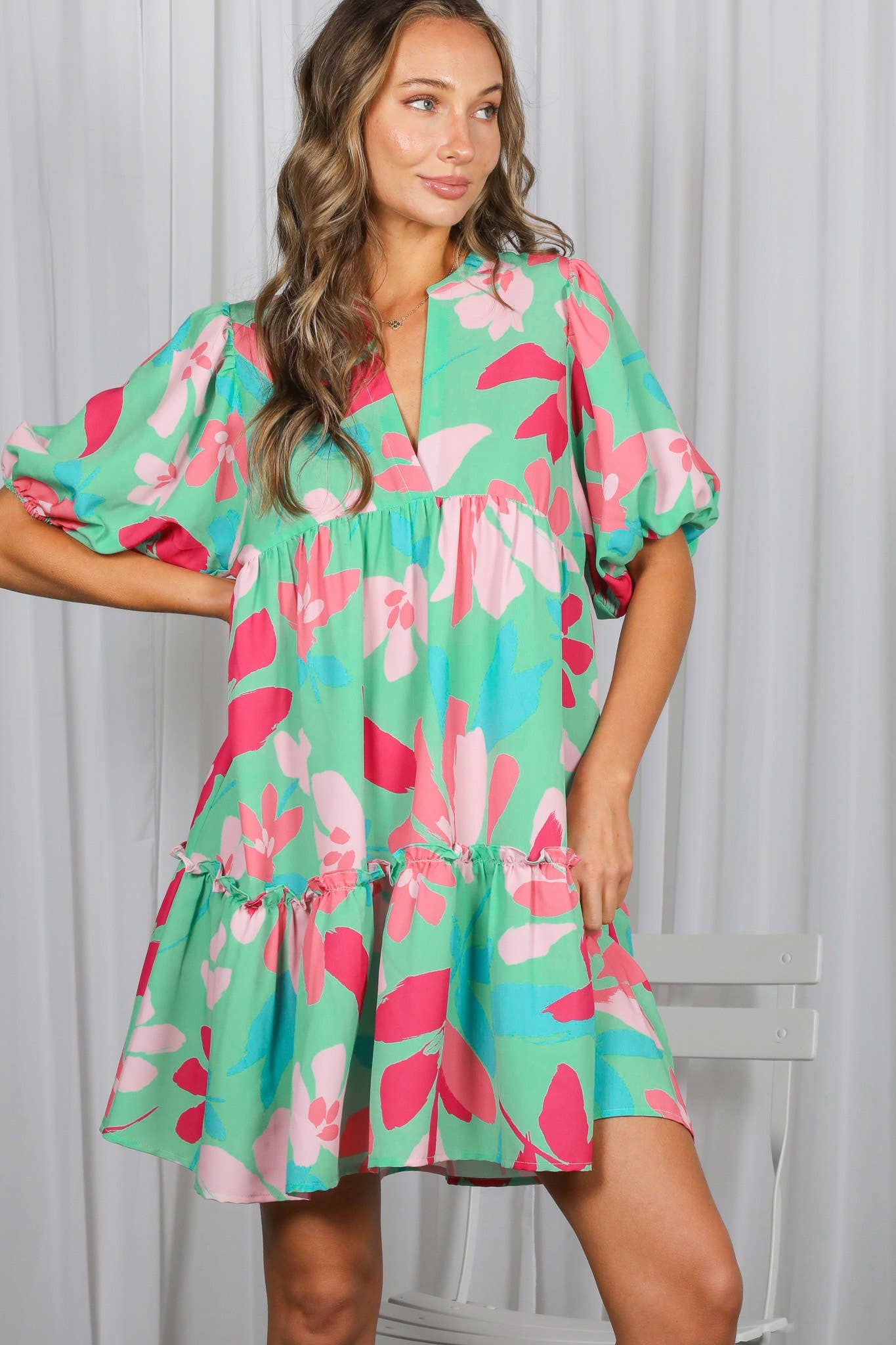 Floral Print V-Neck Tired Baby Doll Mini Dress VD82057M