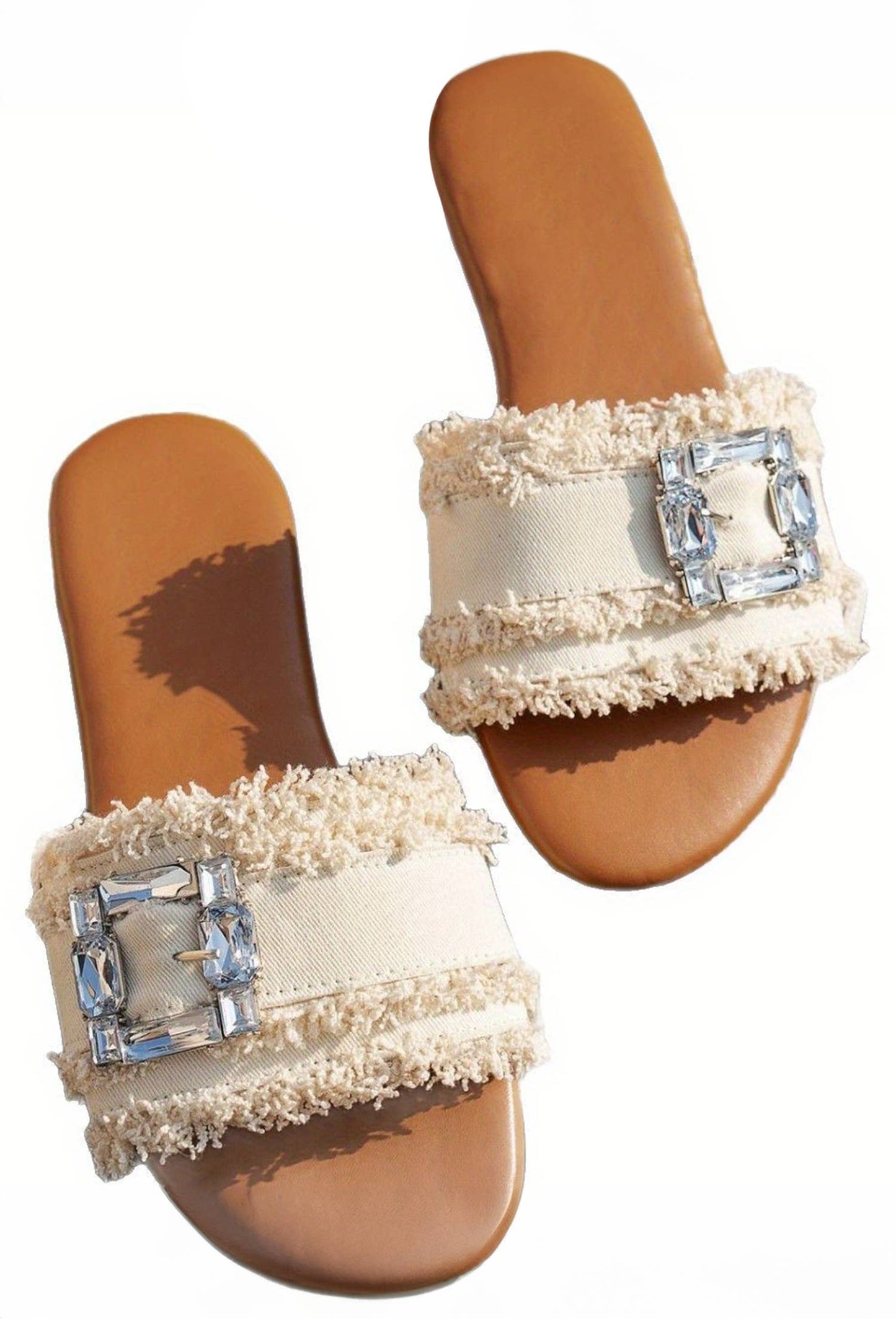 Spring Frayed Crystal Buckle Slide Sandals Women's Shoes