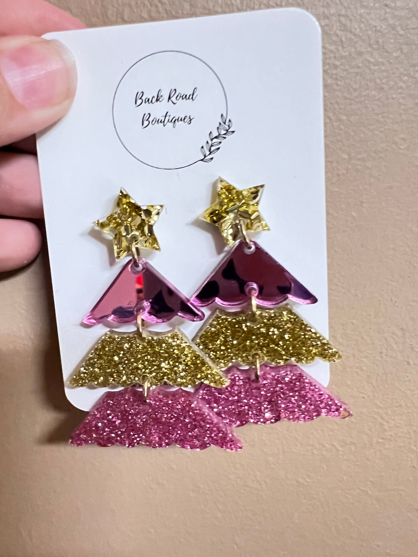 Pink and Gold Christmas Tree Earrings