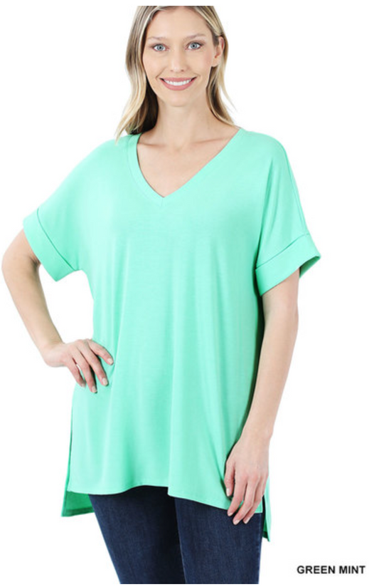 ROLLED SHORT SLEEVE SIDE SLIT HI-LOW HEM TOP