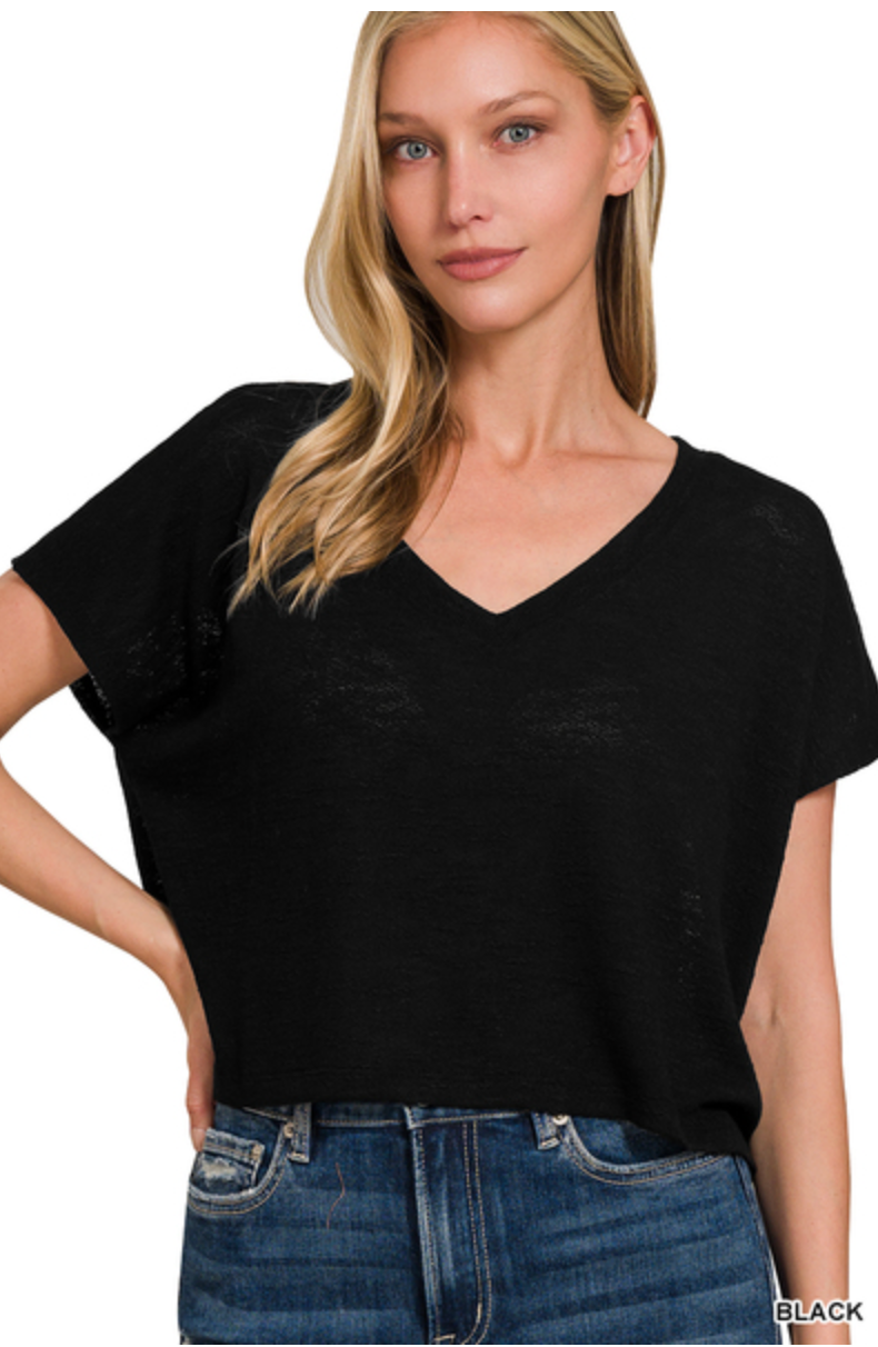 V-NECK DROP SHOULDER SHORT SLEEVE CROP TOP