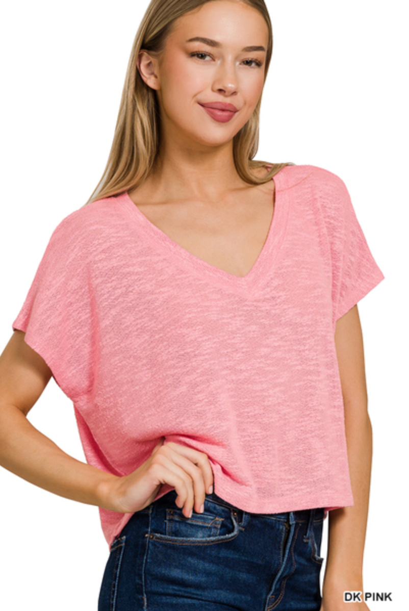 V-NECK DROP SHOULDER SHORT SLEEVE CROP TOP