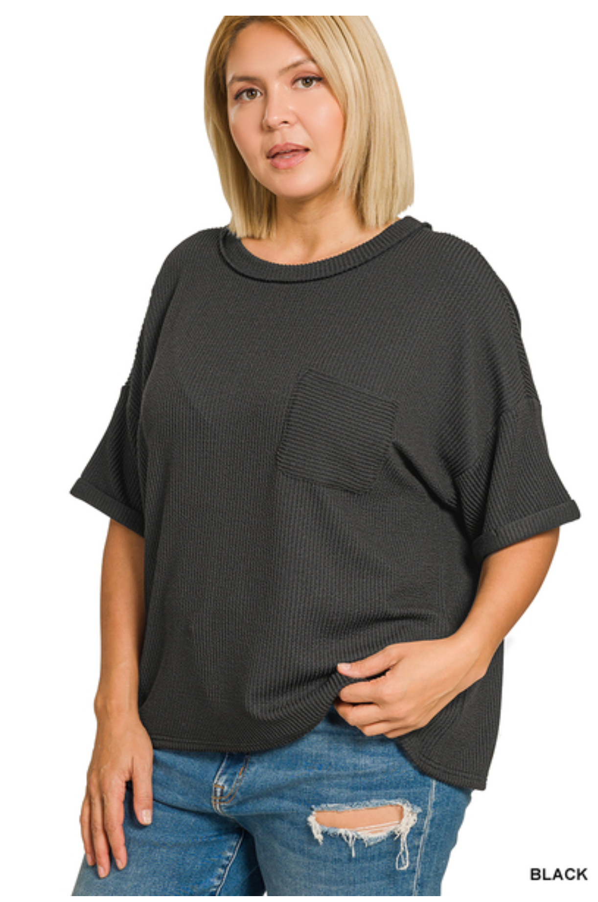 Plus Size Ribbed Pocket Tee Zenana