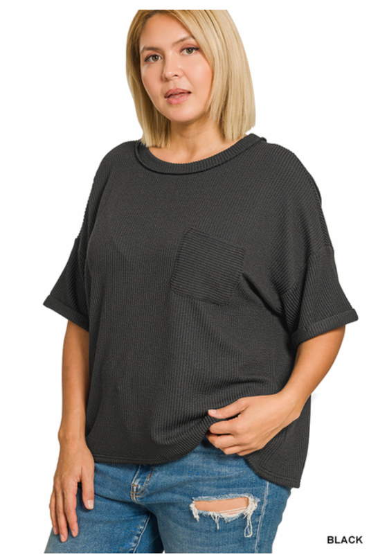 Plus Size Ribbed Pocket Tee Zenana