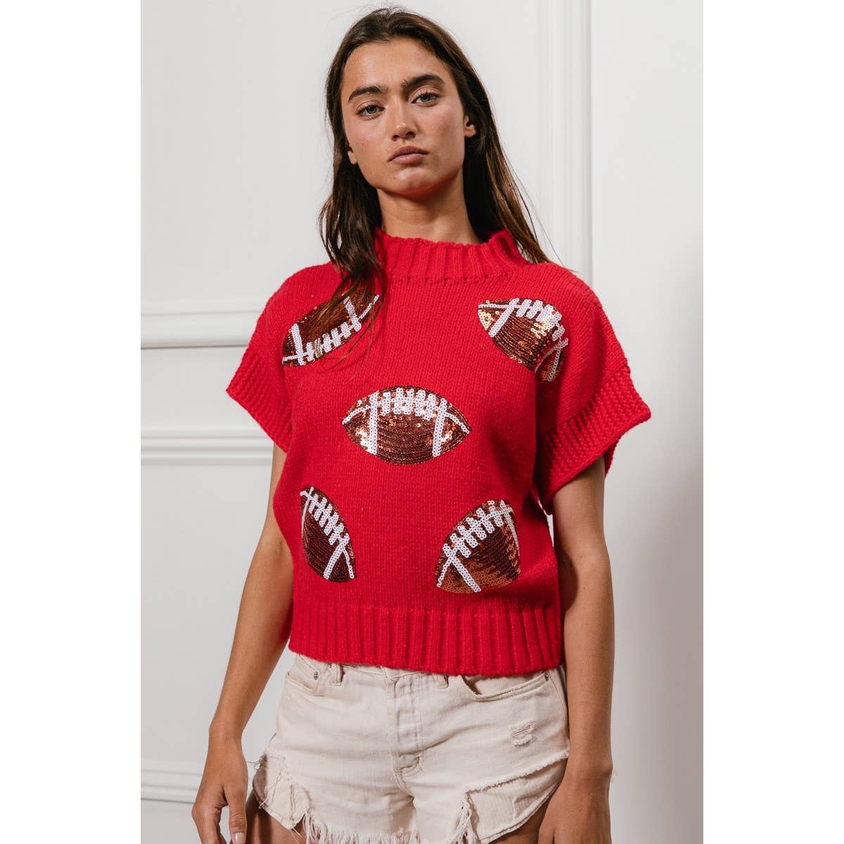 SEQUIN FOOTBALL PATCHES RIB BANDED SWEATER
