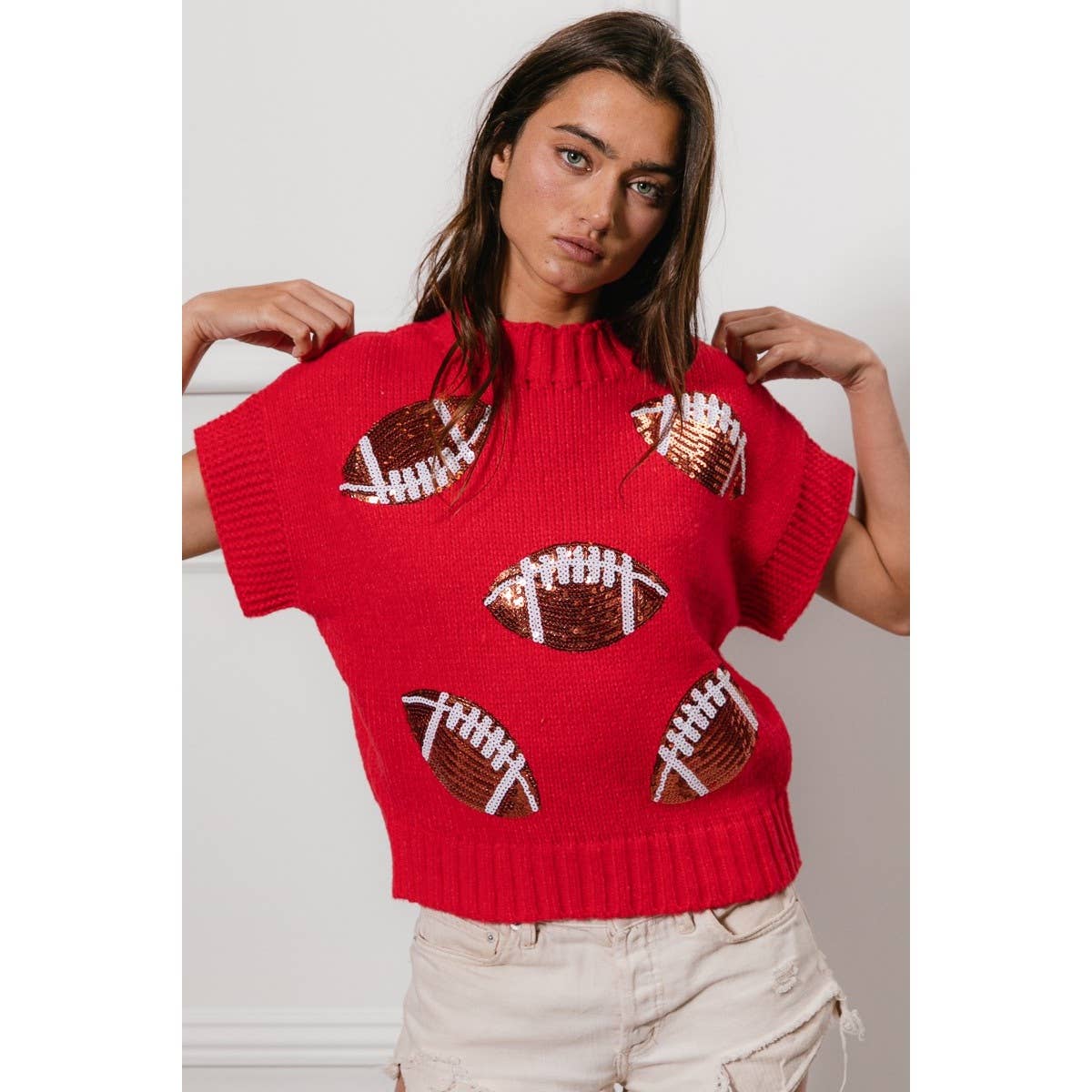 SEQUIN FOOTBALL PATCHES RIB BANDED SWEATER