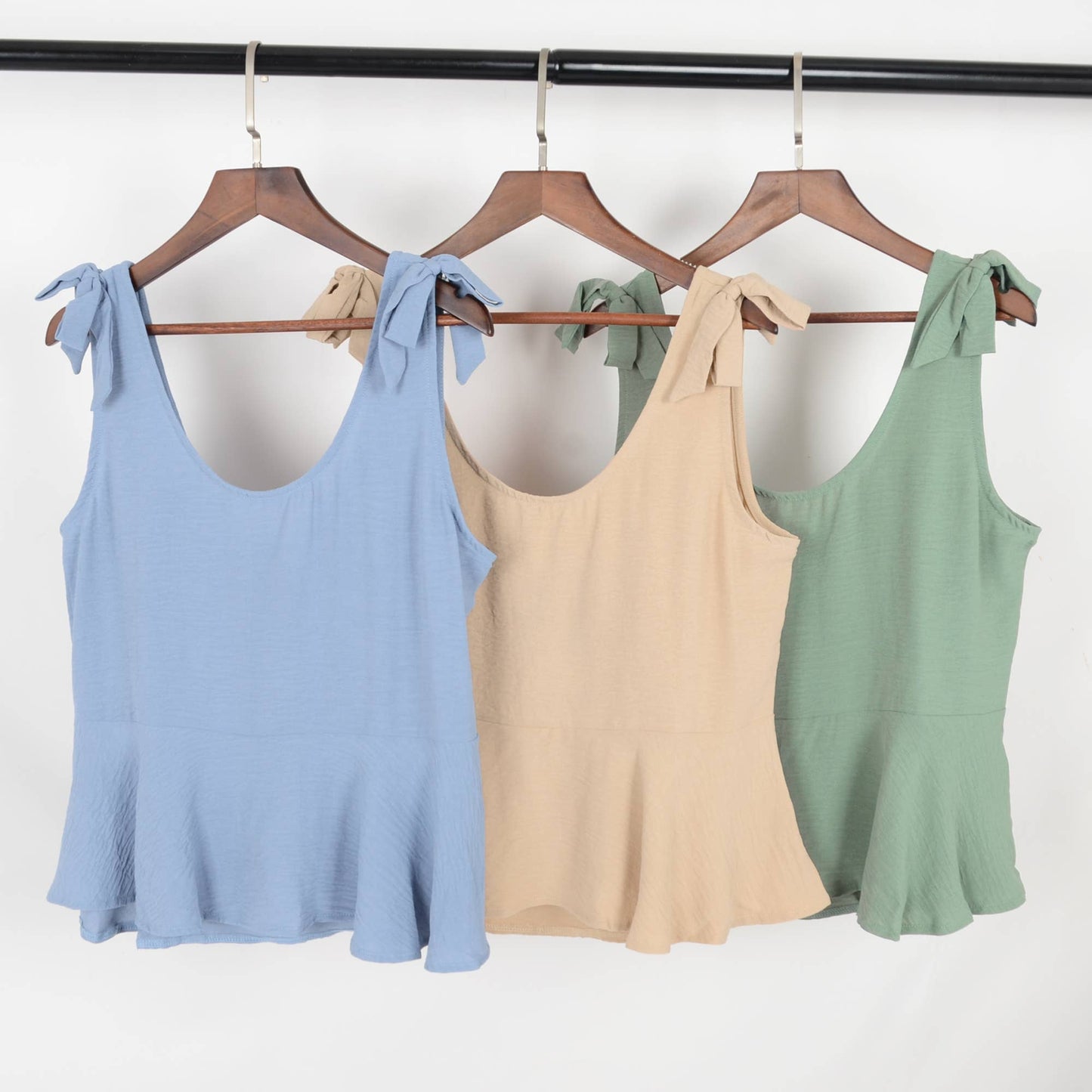 Sleeveless Peplum Tank Top with Tie Shoulder Straps