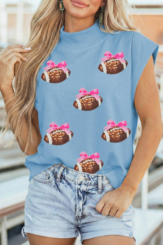 Sequin Bow Rugby Pattern Mock Neck Short Sleeve Tunic Top