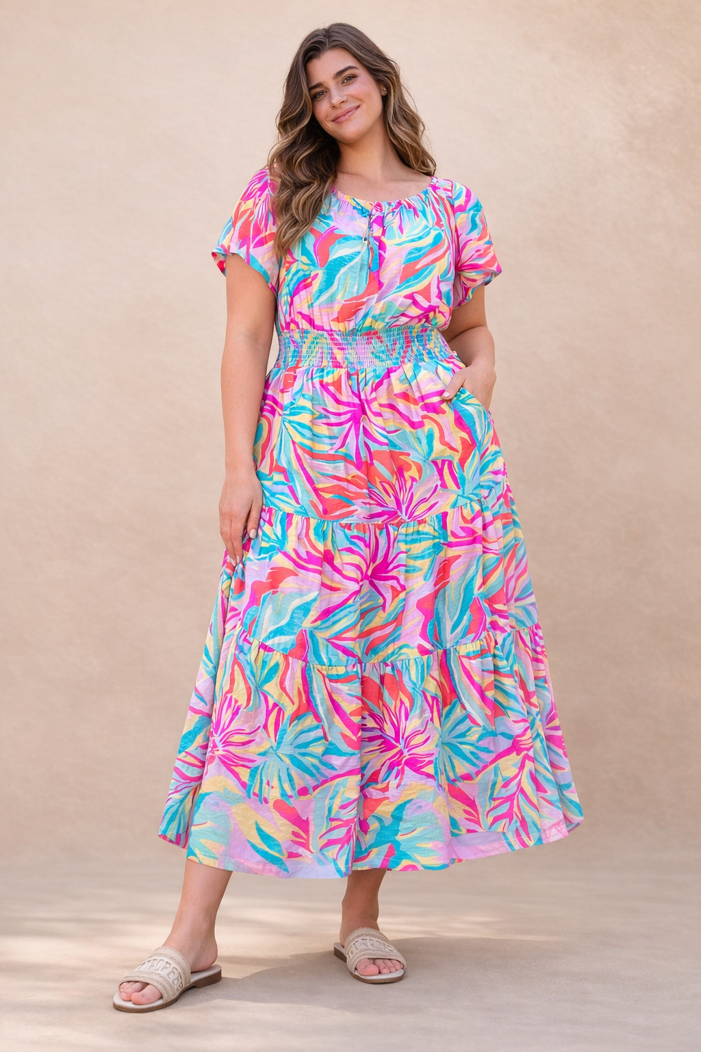 Plus Size Tropical Print Smocked Waist Tiered Maxi Dress