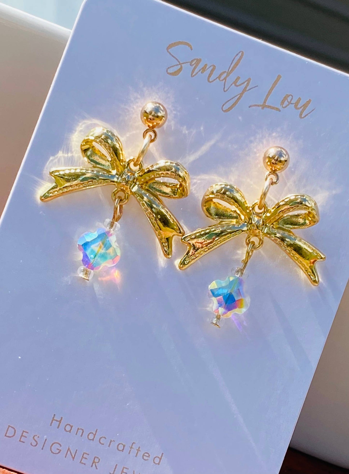 Gold Bow Crystal Drop Earrings – 18K Gold Plated Holiday