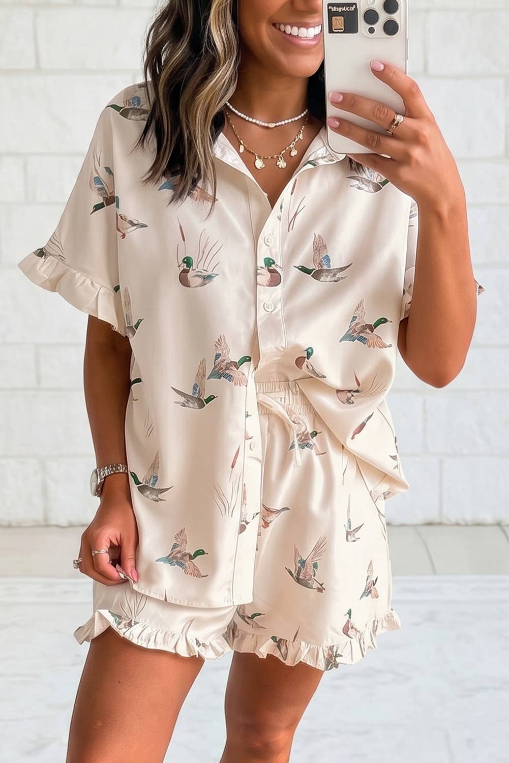 Mallard Print Ruffle 2 Pcs Sleepwear Set