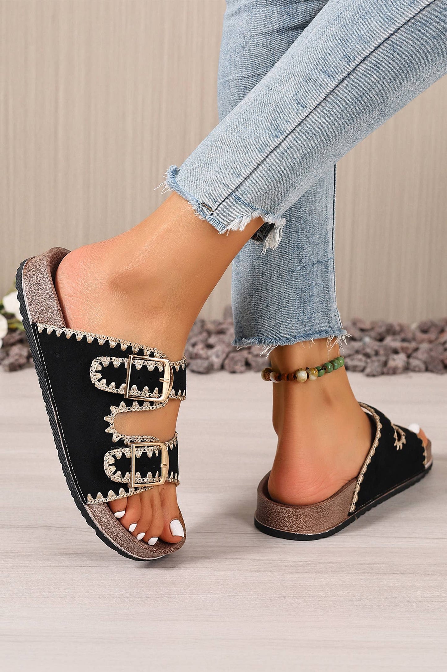 Embroidered Trim Retro Buckle Faux Suede Slippers