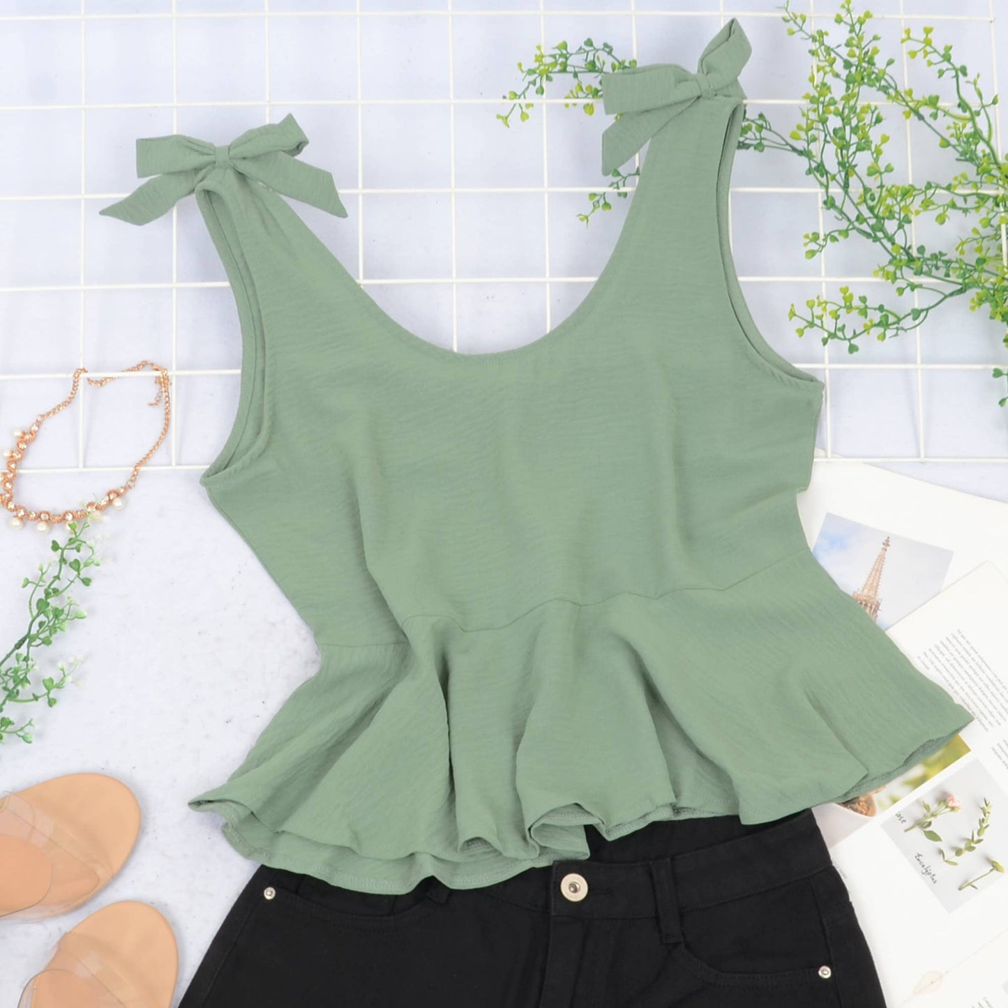 Sleeveless Peplum Tank Top with Tie Shoulder Straps