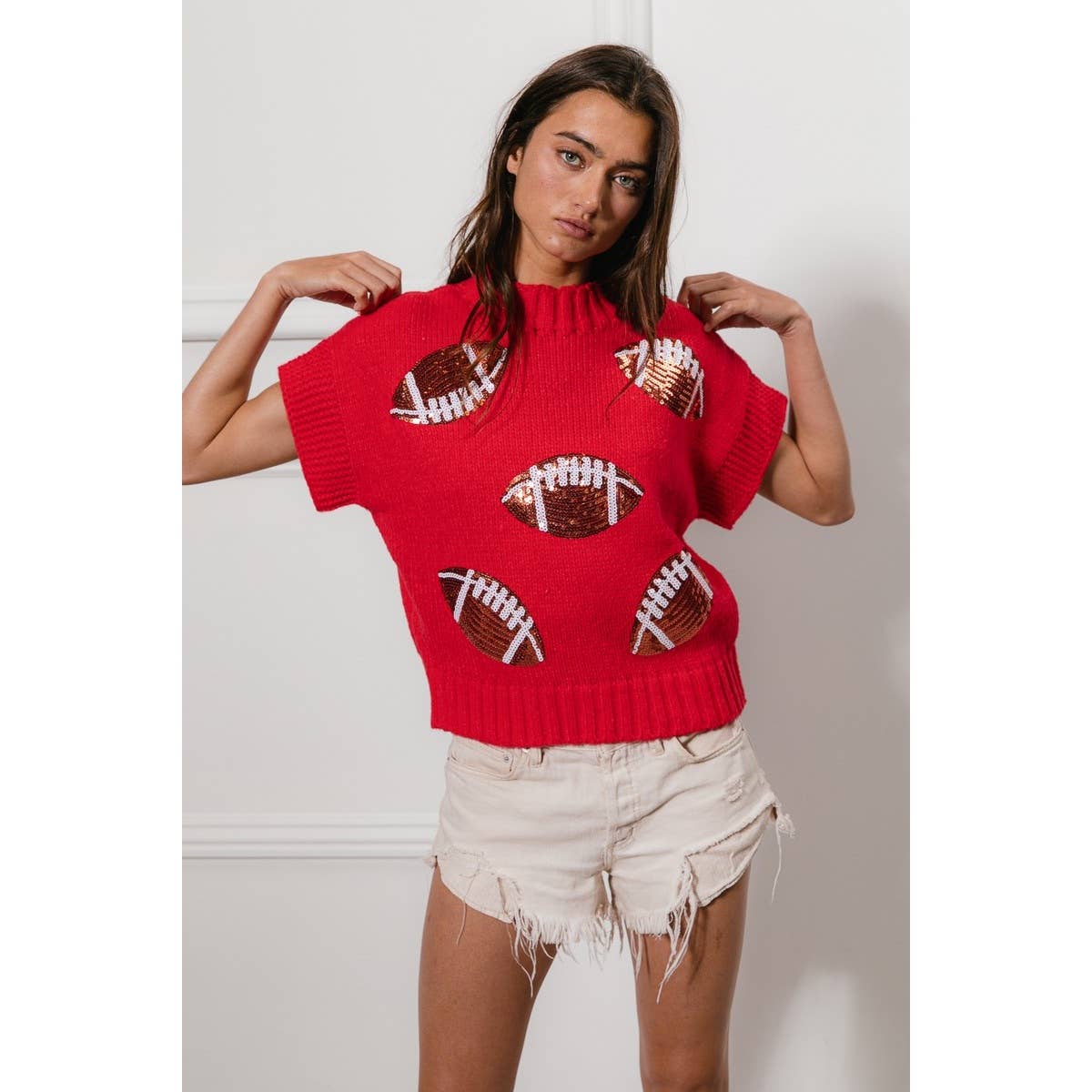 SEQUIN FOOTBALL PATCHES RIB BANDED SWEATER