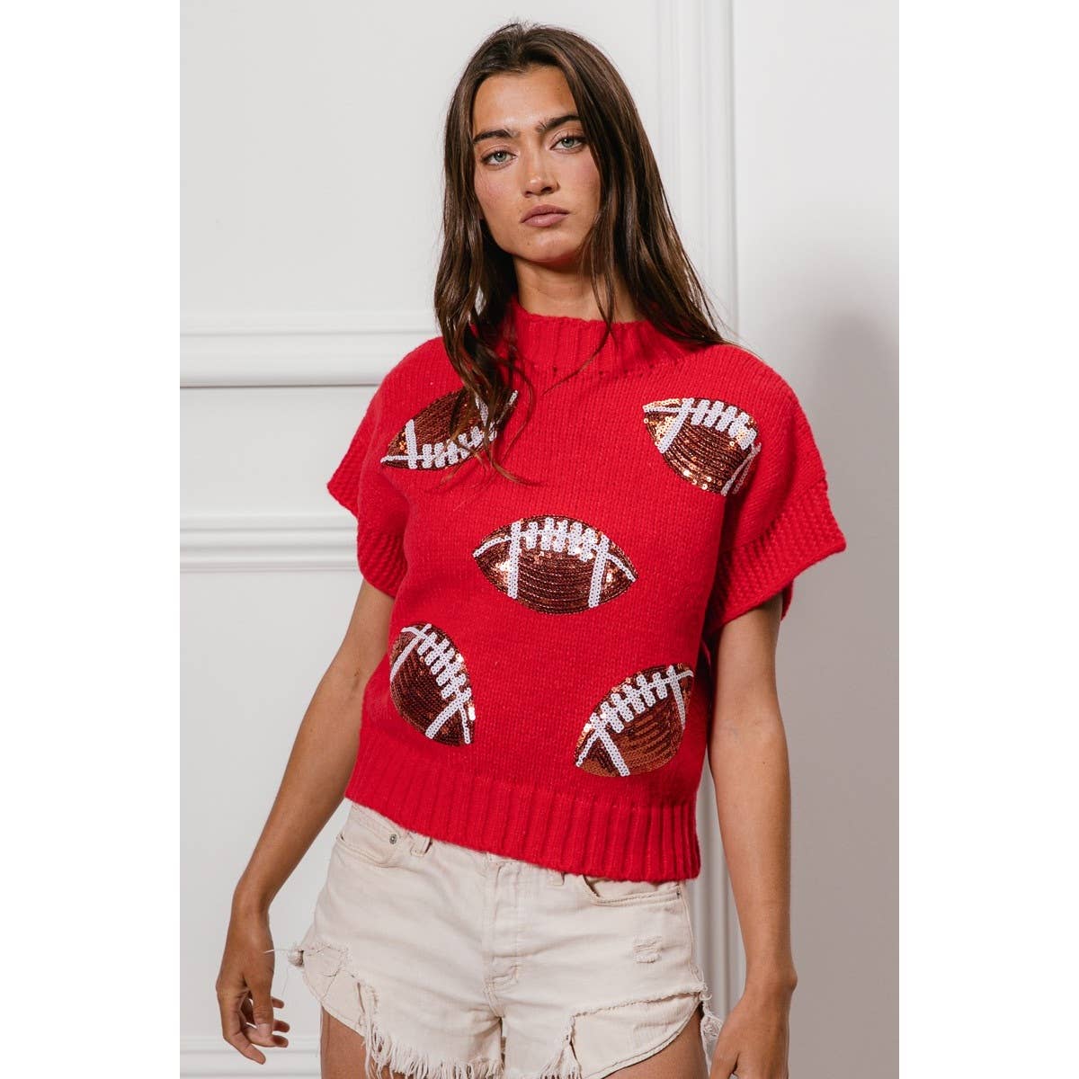 SEQUIN FOOTBALL PATCHES RIB BANDED SWEATER