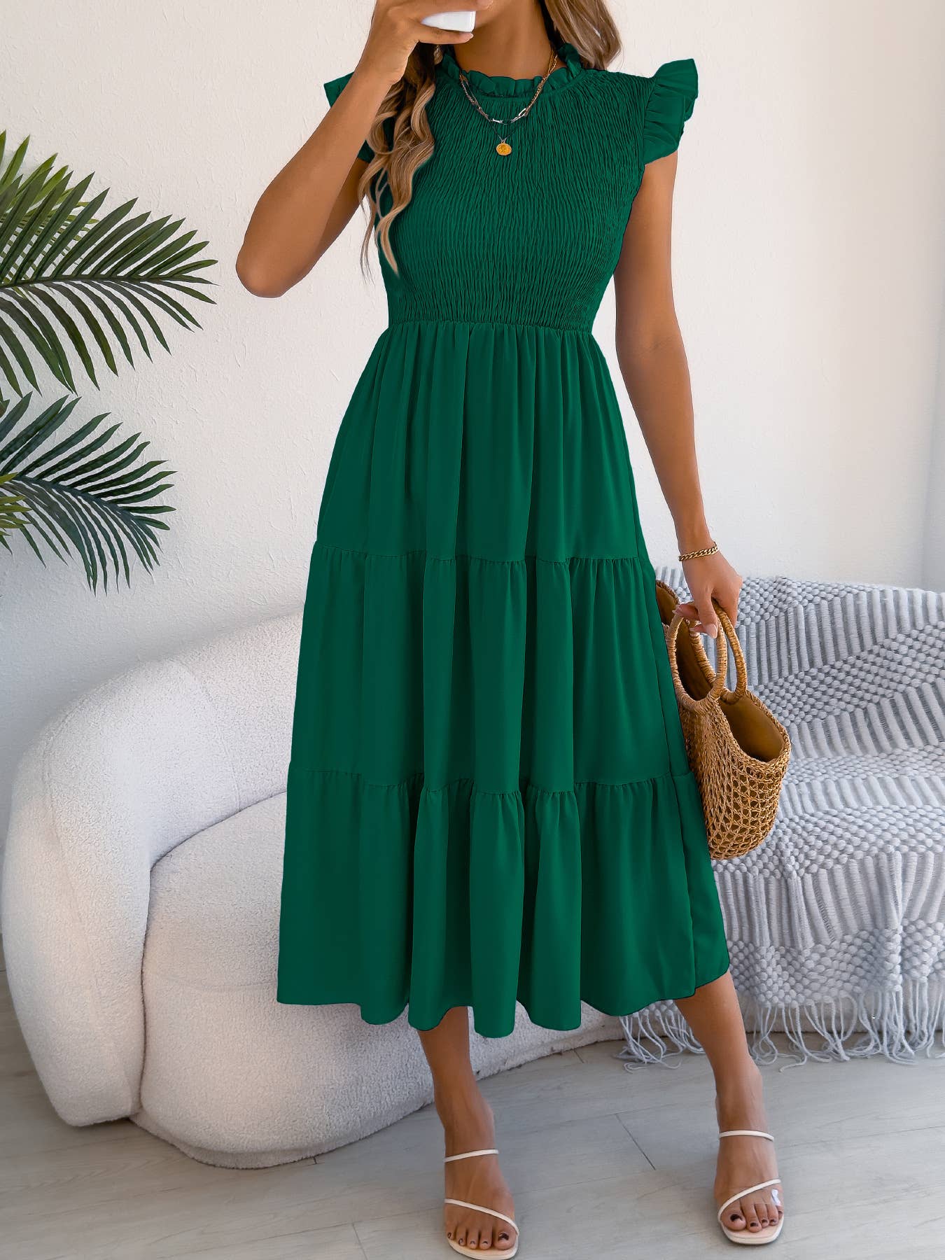 Smocked Ruffle Sleeve Tiered Midi Dress