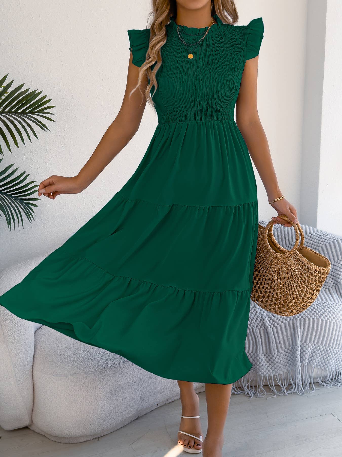 Smocked Ruffle Sleeve Tiered Midi Dress