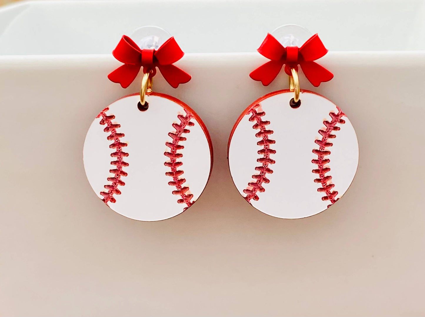 Baseball Game Day Drop with Red Bow Earrings
