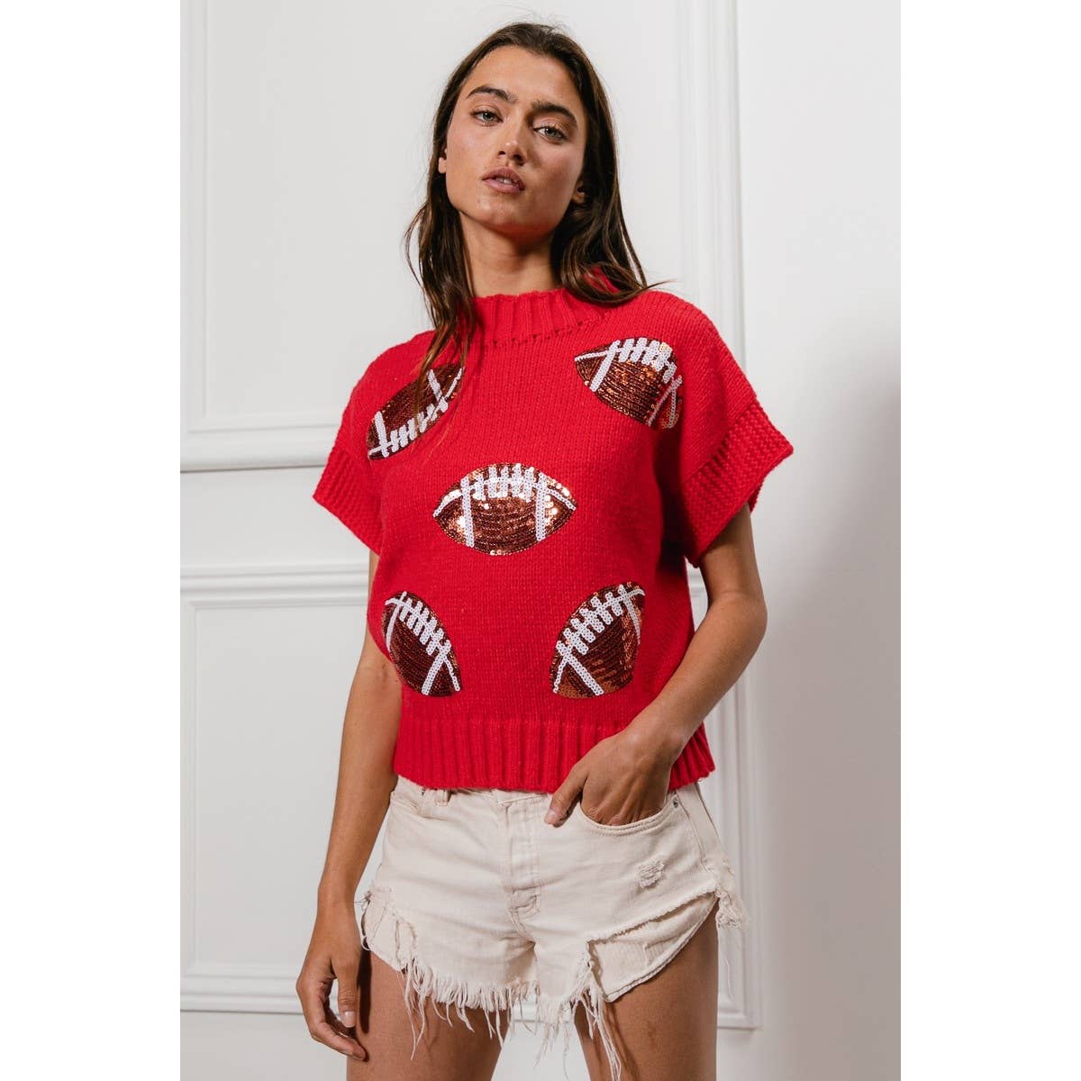 SEQUIN FOOTBALL PATCHES RIB BANDED SWEATER
