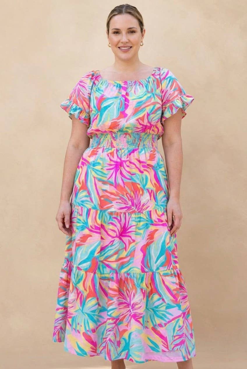 Plus Size Tropical Print Smocked Waist Tiered Maxi Dress