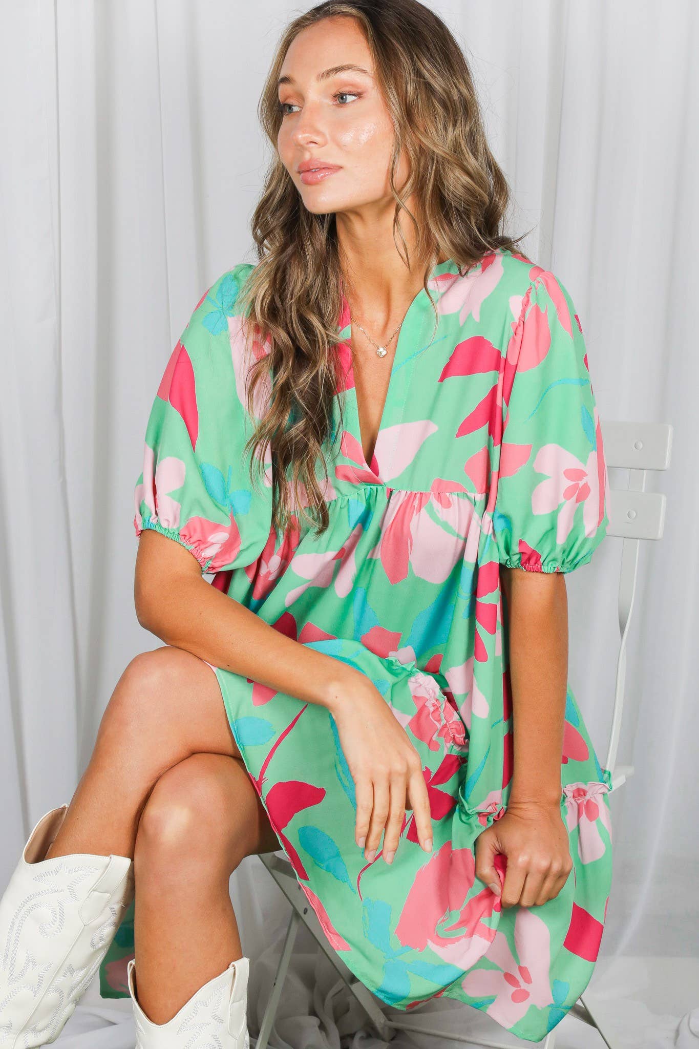 Floral Print V-Neck Tired Baby Doll Mini Dress VD82057M