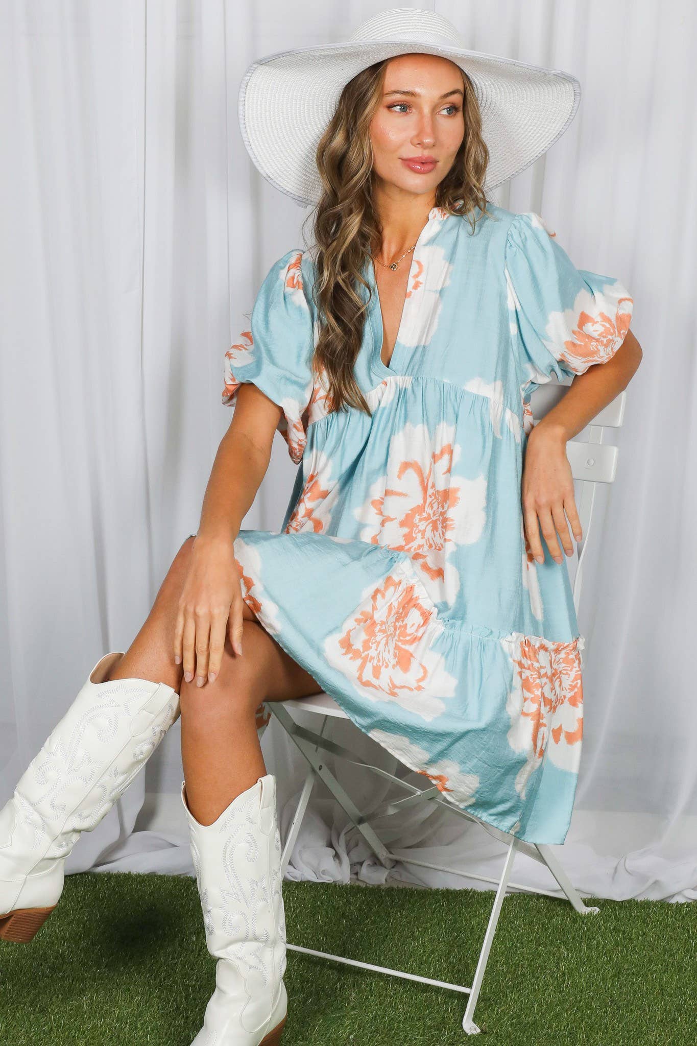 Floral Print V-Neck Tired Baby Doll Casual Dress VD82057P