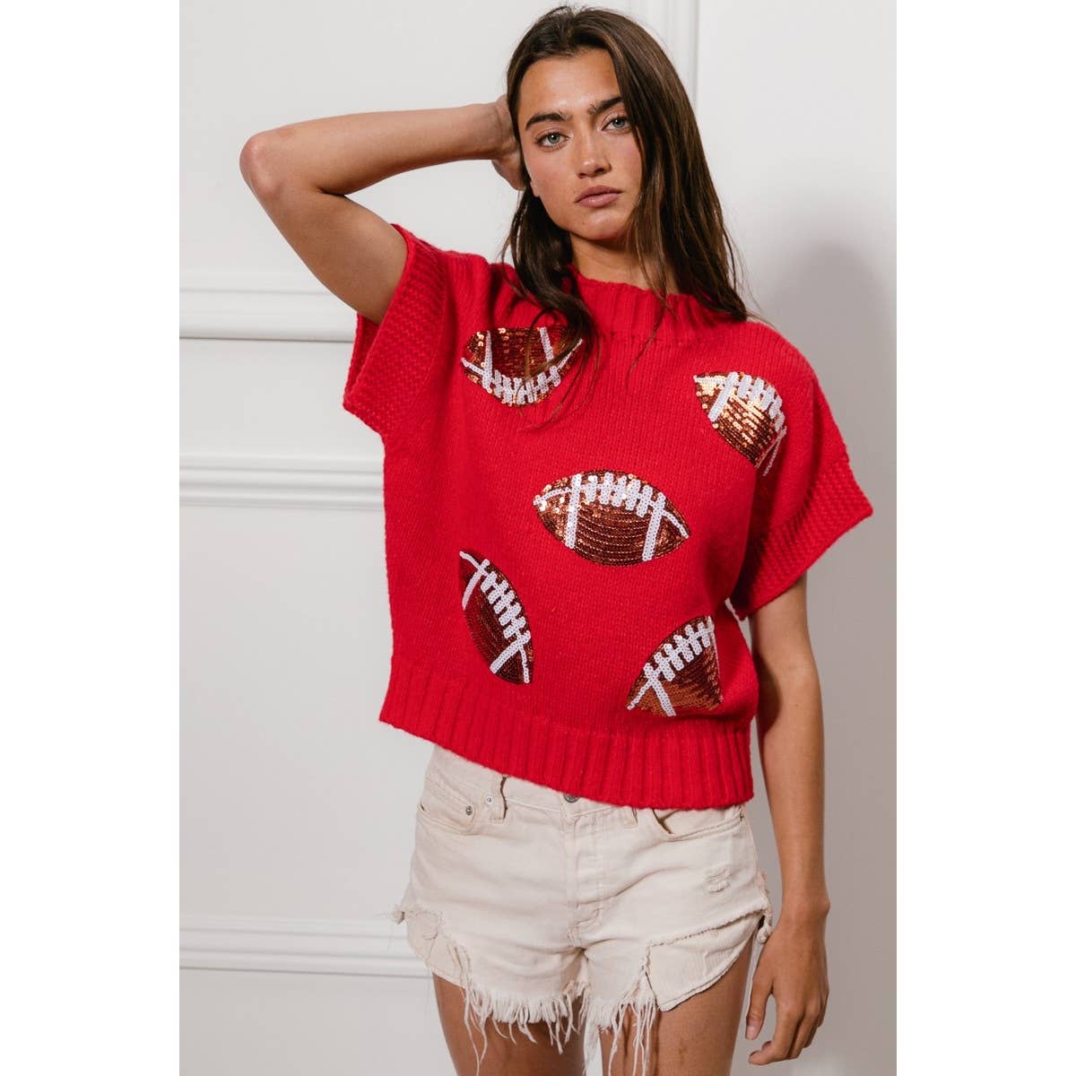 SEQUIN FOOTBALL PATCHES RIB BANDED SWEATER