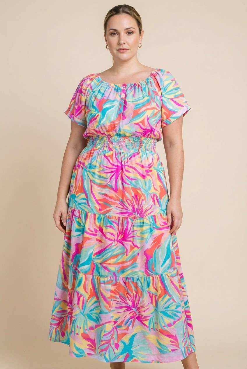 Plus Size Tropical Print Smocked Waist Tiered Maxi Dress