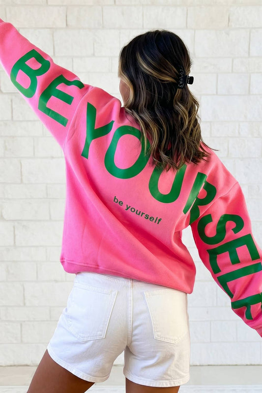 BE YOURSELF Slogan Print Oversized Pullover Sweatshirt