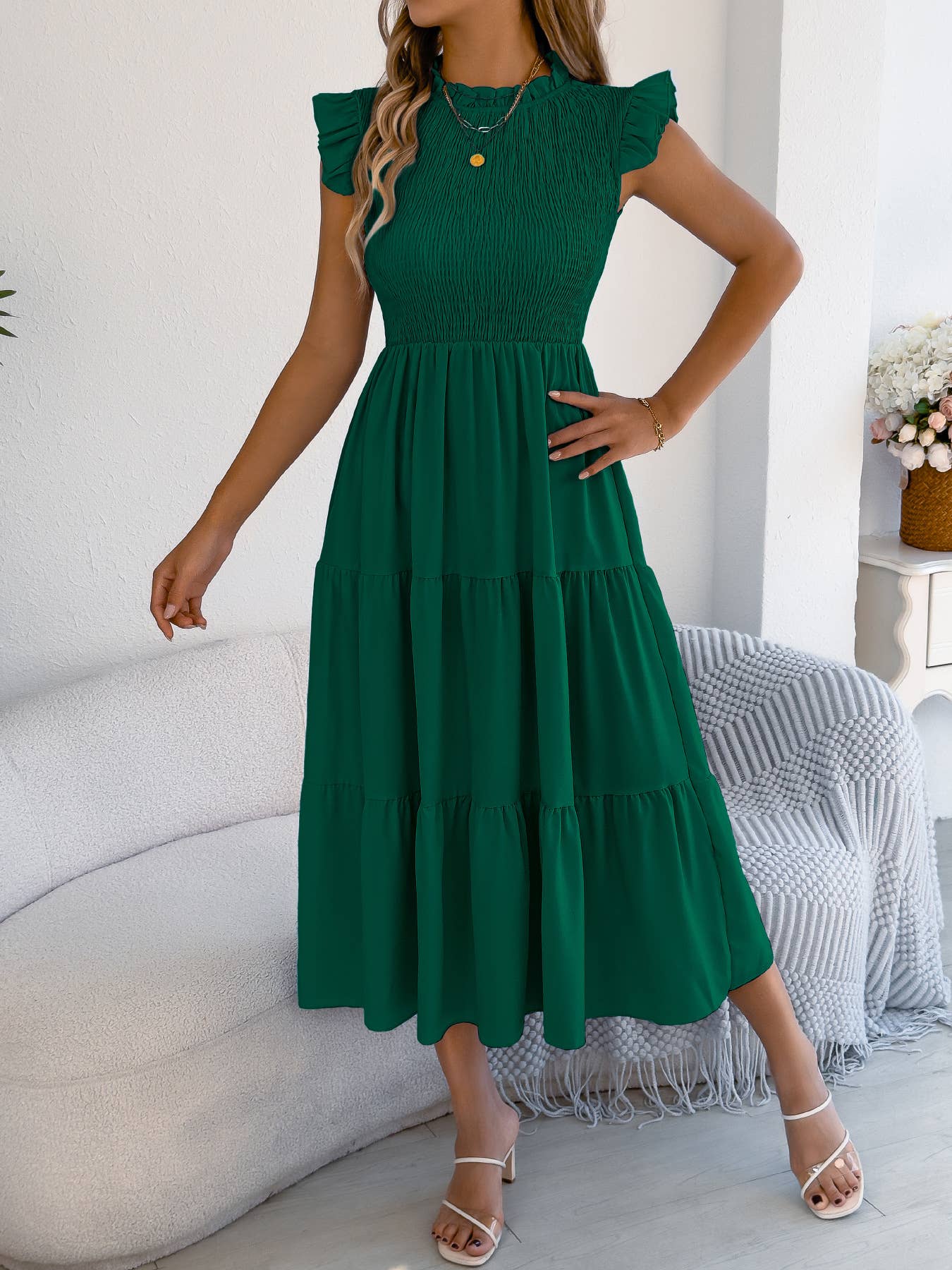 Smocked Ruffle Sleeve Tiered Midi Dress