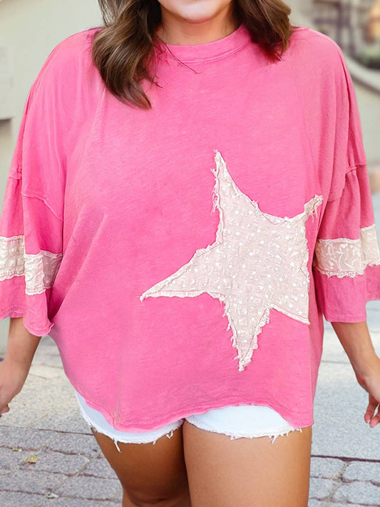 Star Patched Colorblock Raw Edge Plus Size Loose Tee