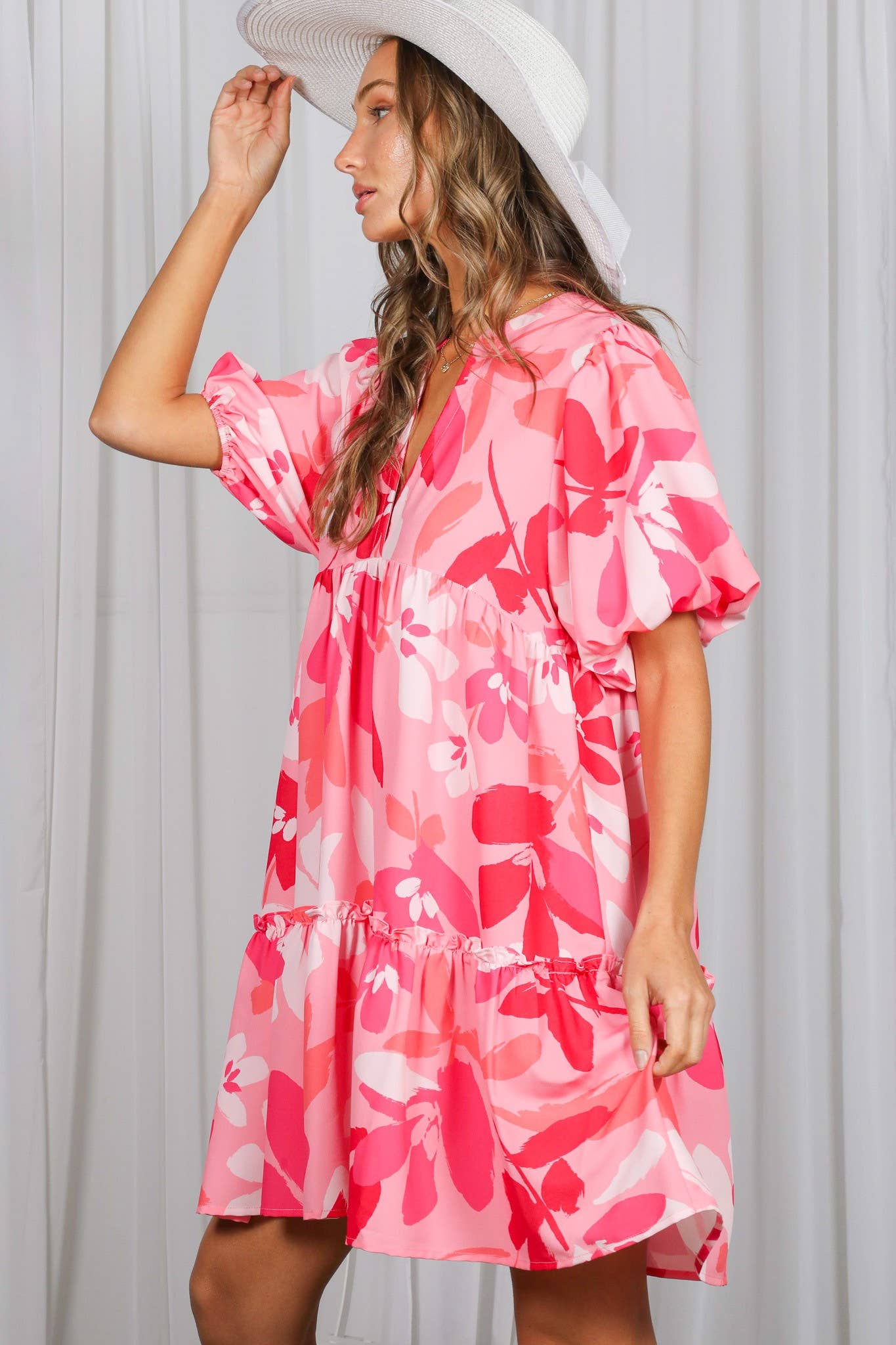 Floral Print V-Neck Tired Baby Doll Mini Dress VD82057M