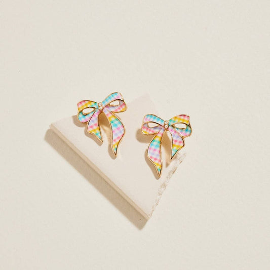 Easter Checkered Enamel Bow Ribbon Post Earrings