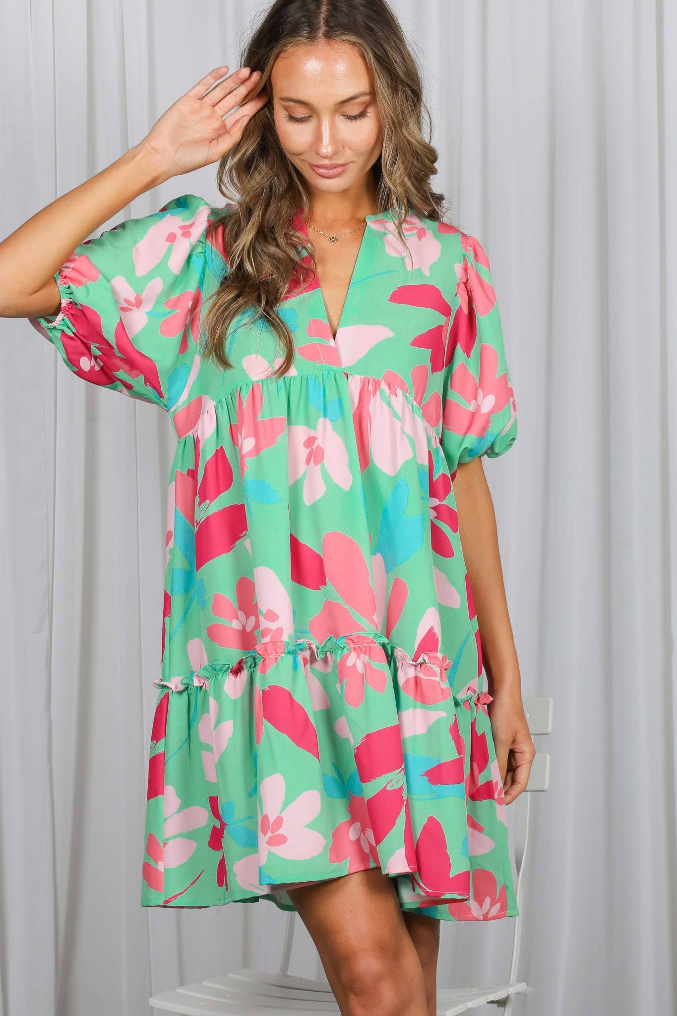 Floral Print V-Neck Tired Baby Doll Mini Dress VD82057M