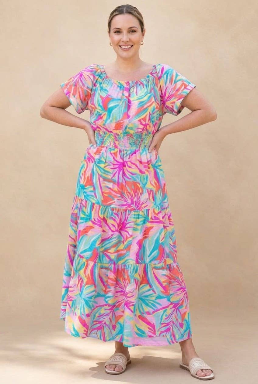 Plus Size Tropical Print Smocked Waist Tiered Maxi Dress