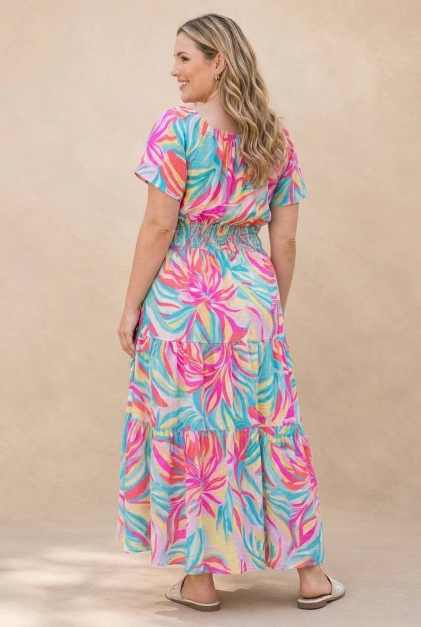 Plus Size Tropical Print Smocked Waist Tiered Maxi Dress